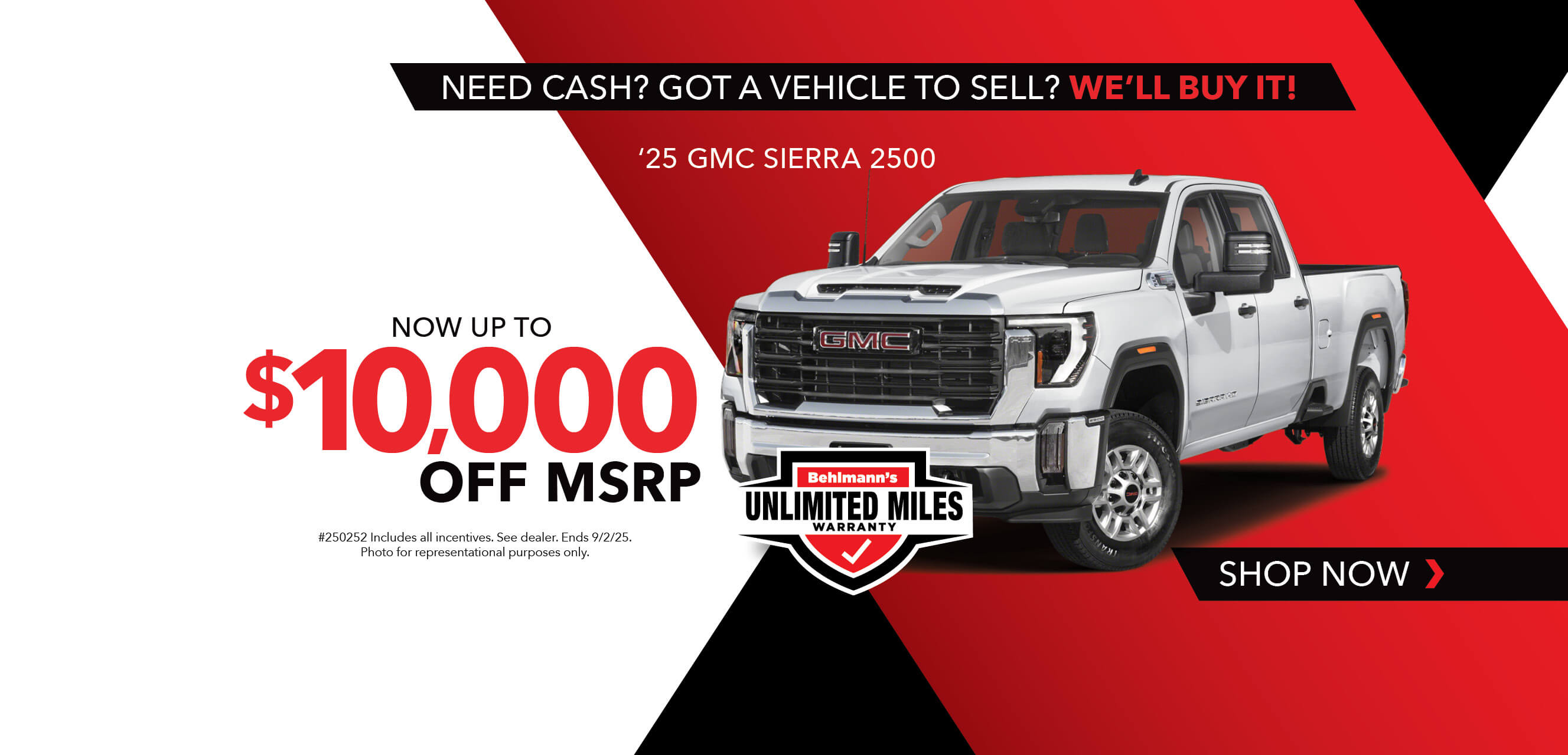 White car with advertising slogans: Now up to $10,000 off MSRP on 2025 GMC Sierra 2500.